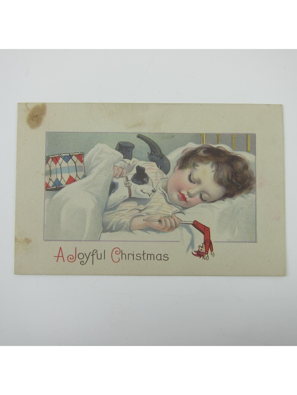Christmas Postcard Child Sleeps with Toys Fox Terrier Jack Russell Dog Antique